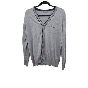 Crocodile Men's Gray V-Neck Cardigan Sweater Navy Trim‎ & Button Front Size M